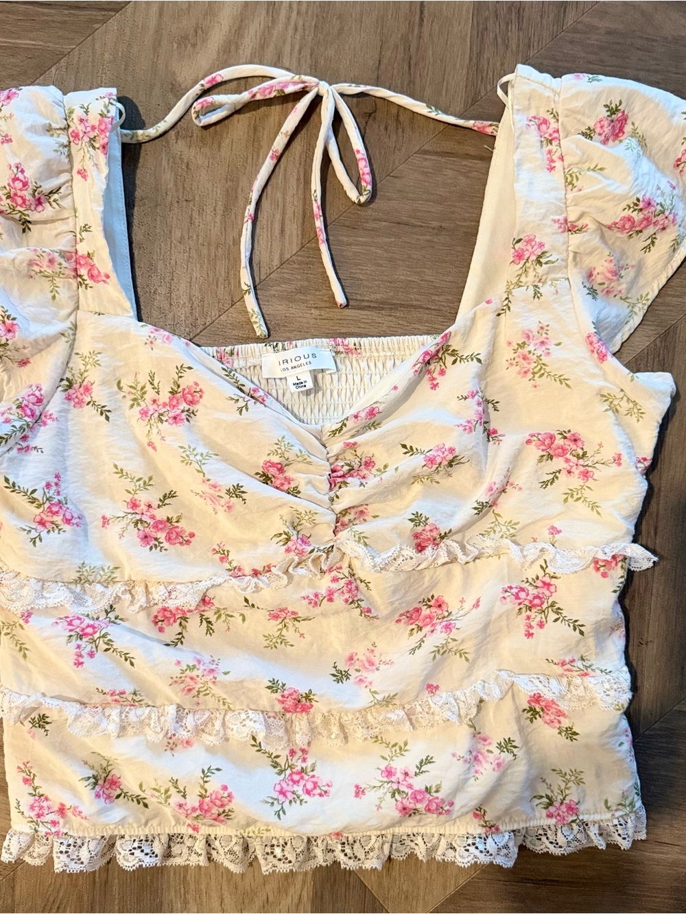 Kirious Cream Floral Ruffle, Lace Crop Top - Pink Floral, Large